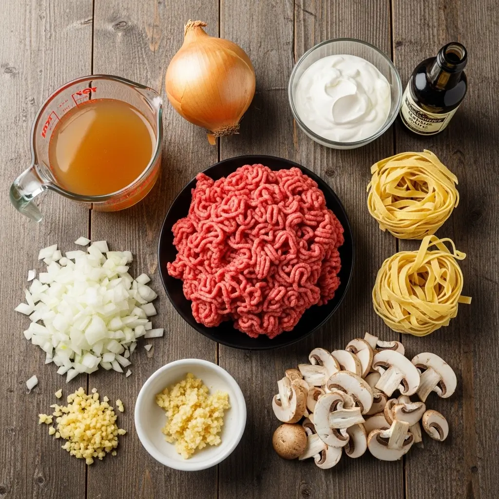 Ground Beef Stroganoff ingredients flat lay