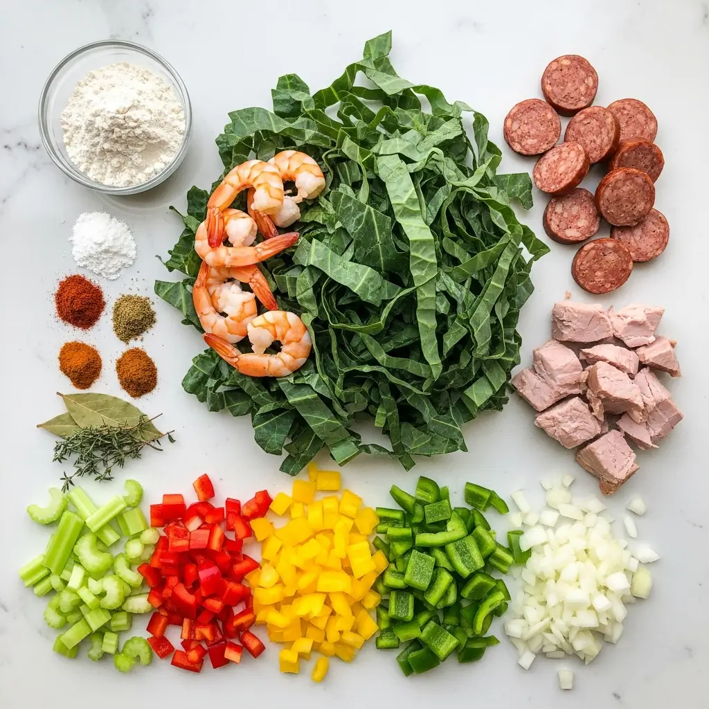Ingredients for Gumbo Greens with Shrimp and Smoked Turkey