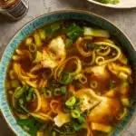 Gyoza Soup with vegetables and dumplings in broth