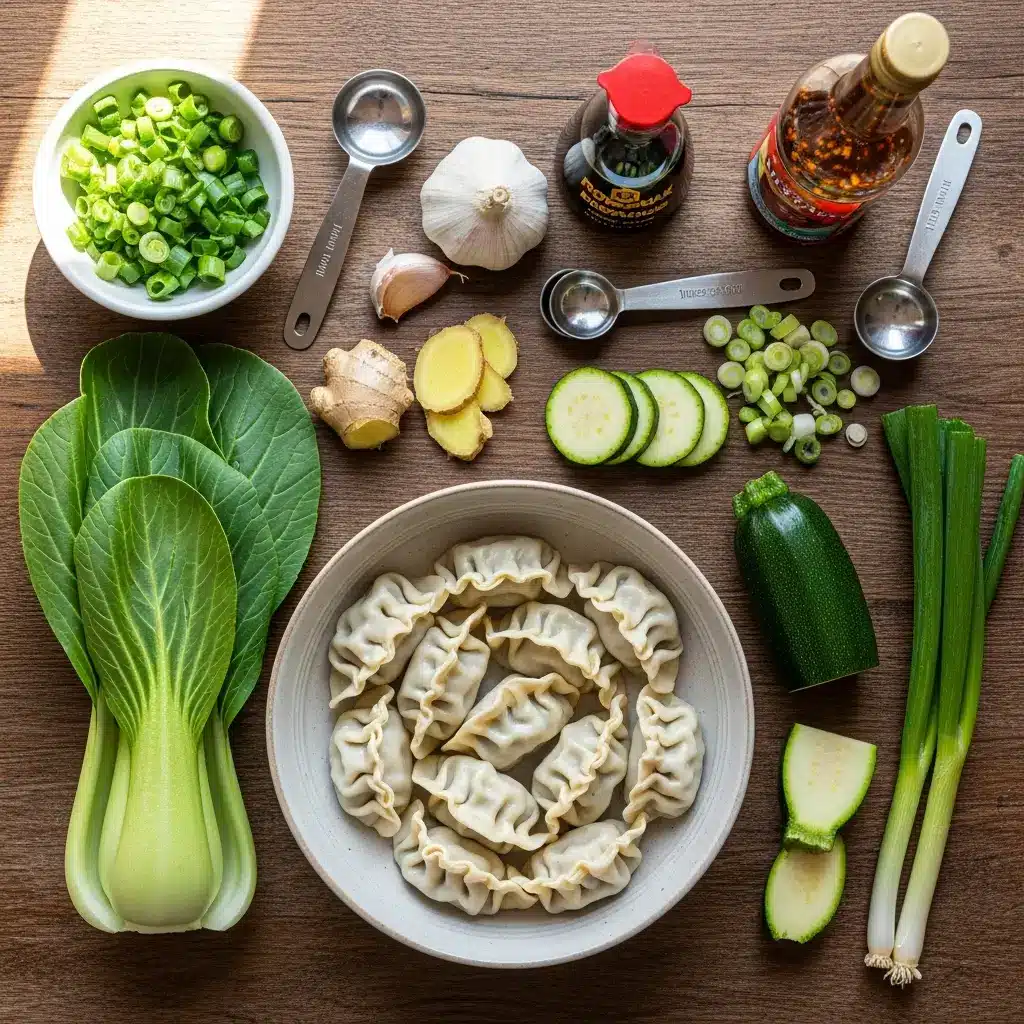 Gyoza Soup ingredients laid out on kitchen counter