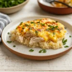 Healthy Chicken Cauliflower Rice Casserole baked with golden cheese