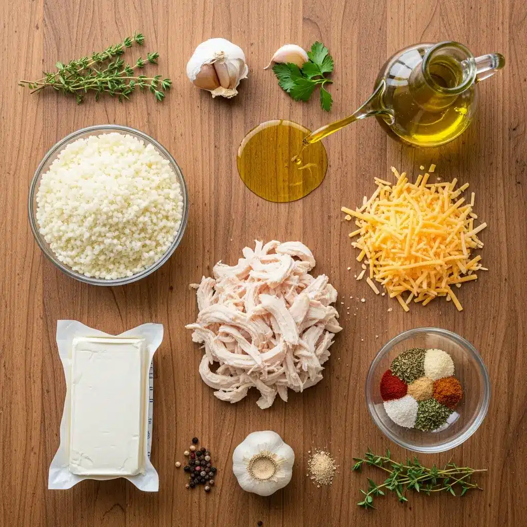 Healthy Chicken Cauliflower Rice Casserole ingredients laid out on a counter