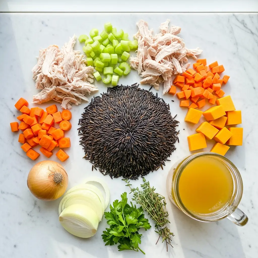 Healthy Turkey Rice Soup ingredients laid out on counter