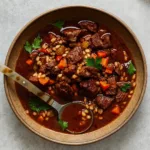 Hearty Beef and Barley Soup in rustic bowl