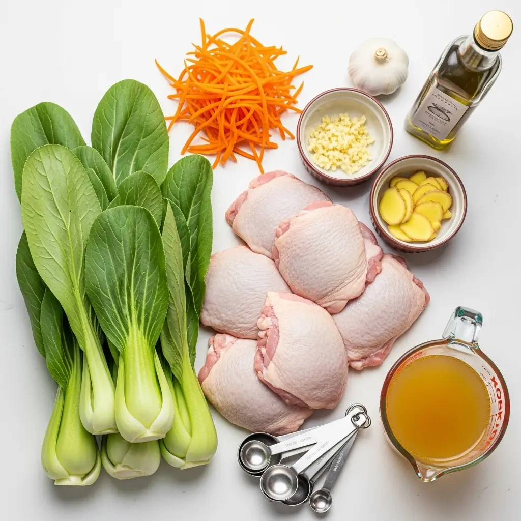 Ingredients for Hearty Bokchoy Chicken Soup arranged on countertop