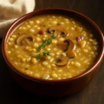 Hearty Mushroom Barley Soup in rustic bowl
