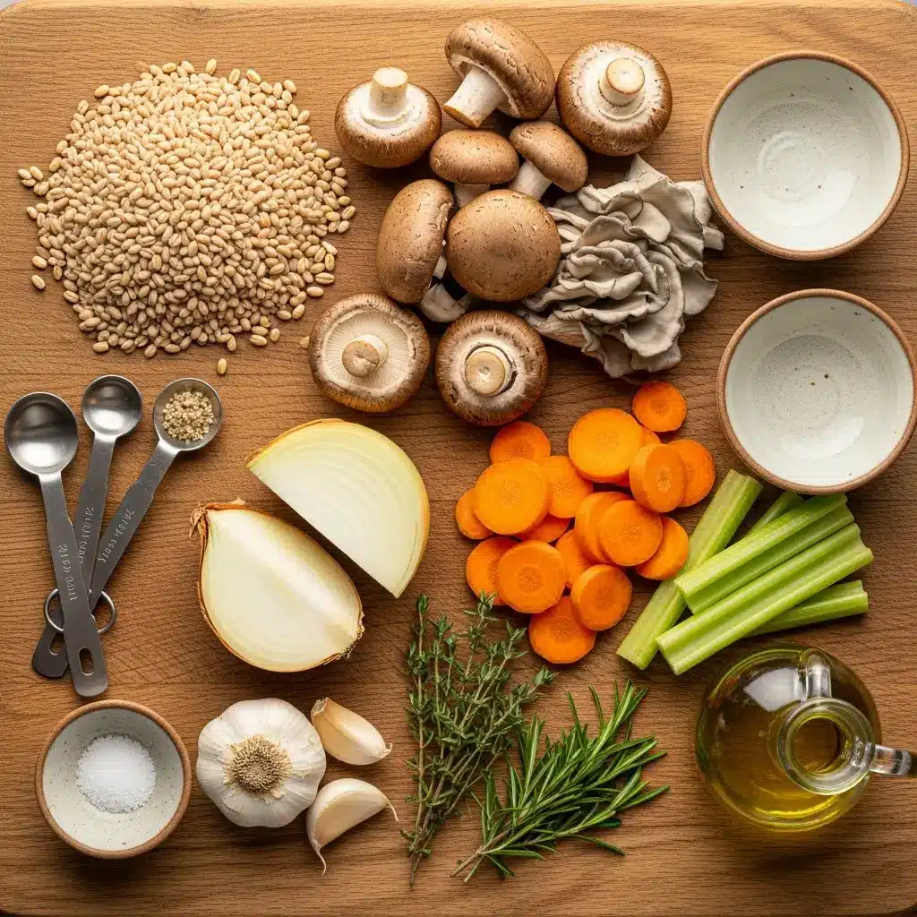 Ingredients for Hearty Mushroom Barley Soup on wooden board