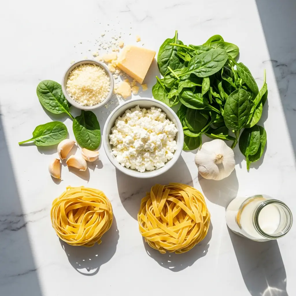 High-Protein Cottage Cheese Pasta ingredients flat lay