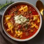 High-Protein Lasagna Soup in rustic bowl with basil and cheese