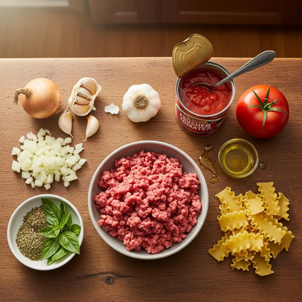 High-Protein Lasagna Soup ingredients on kitchen counter