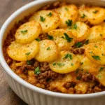 Hobo Casserole Ground Beef baked with melted cheese and potatoes