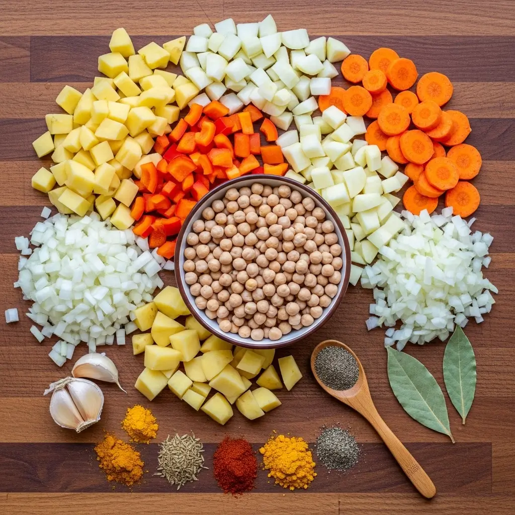 Homemade Chickpea Potato Soup ingredients on kitchen counter