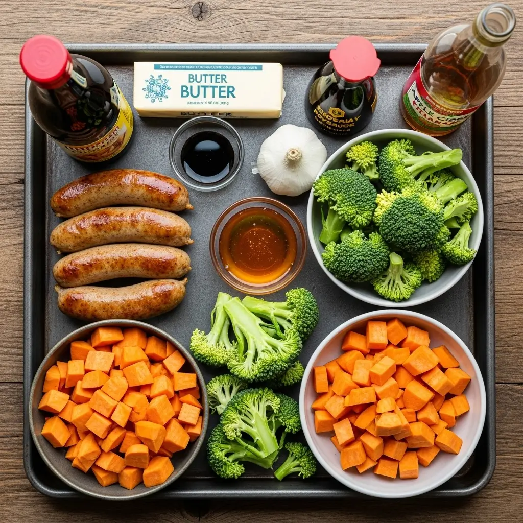 Honey Garlic Sheet Pan Sausage ingredients flat lay