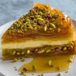 Honey Pistachio Baklava Cheesecake slice with honey drizzle