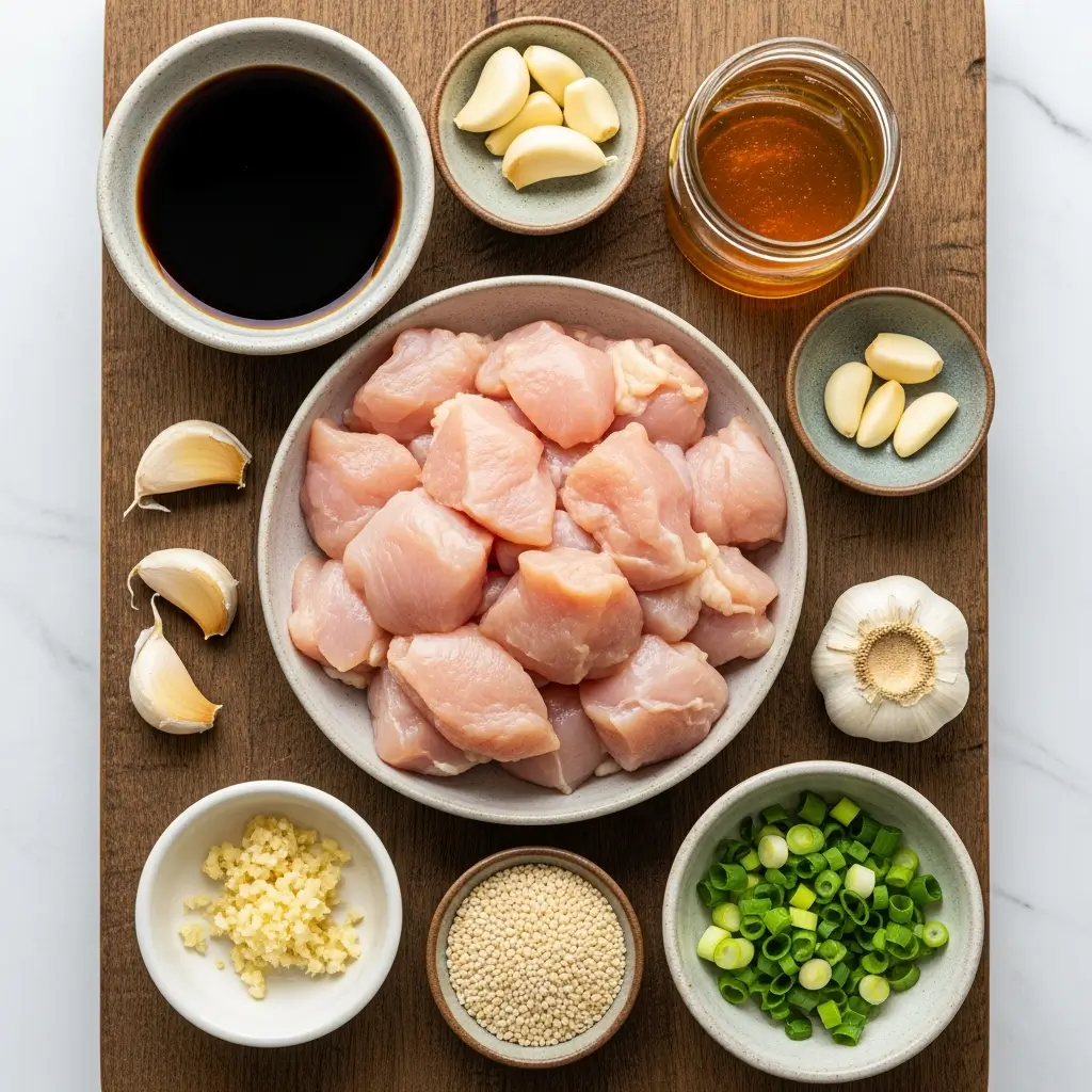 Ingredients for Honey Sesame Chicken laid out on wooden board