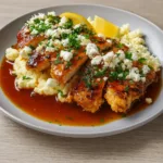 Hot Honey Feta Chicken plated with feta and honey drizzle