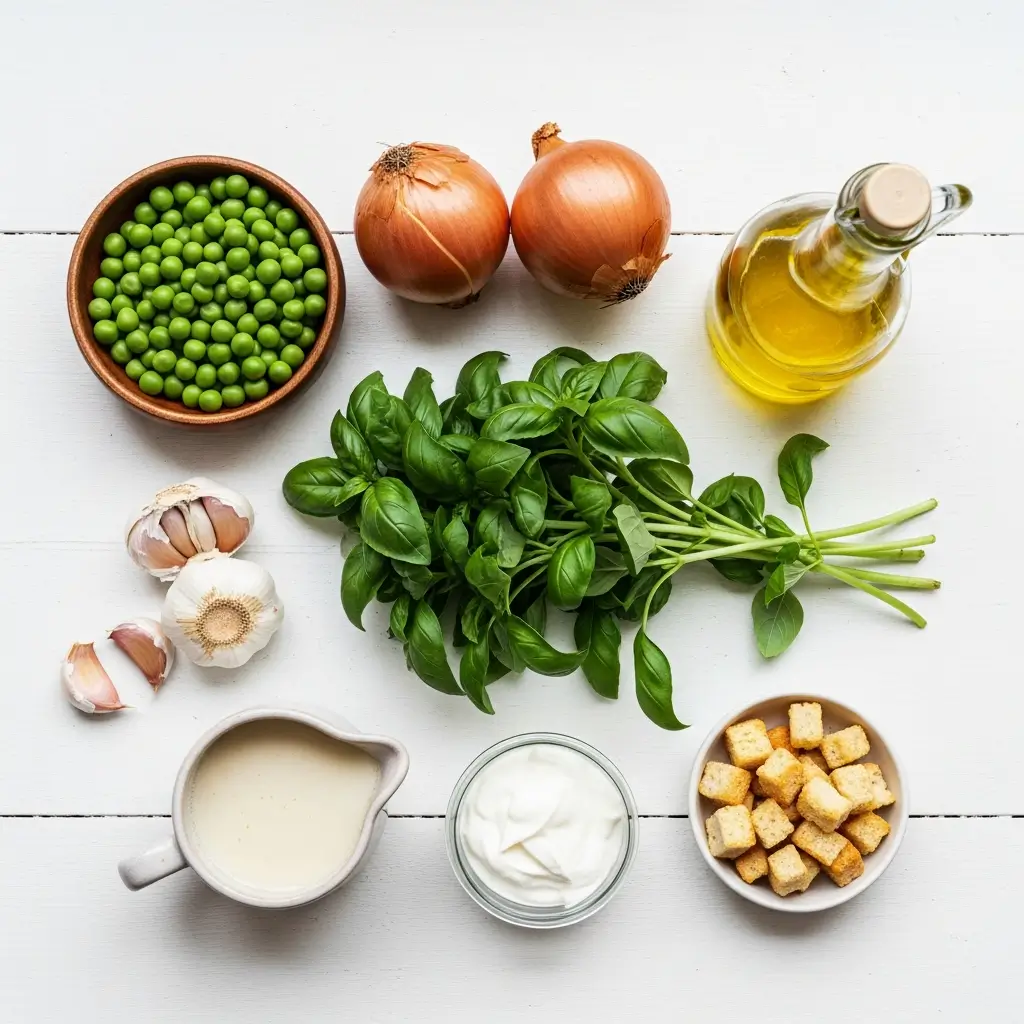 Ingredients for Easy Green Pea Soup with Fresh Basil