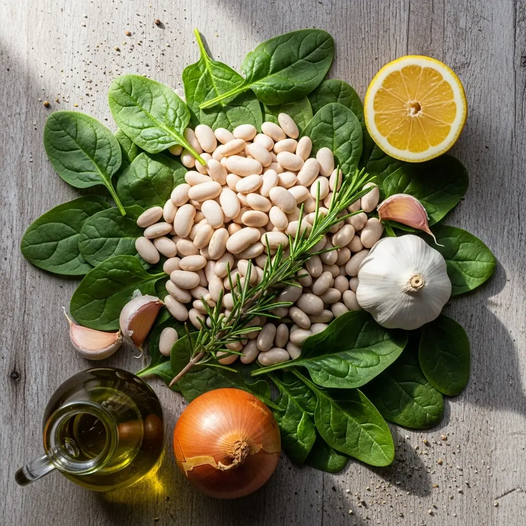 Ingredients for Hearty White Bean and Spinach Soup with Rosemary and Garlic