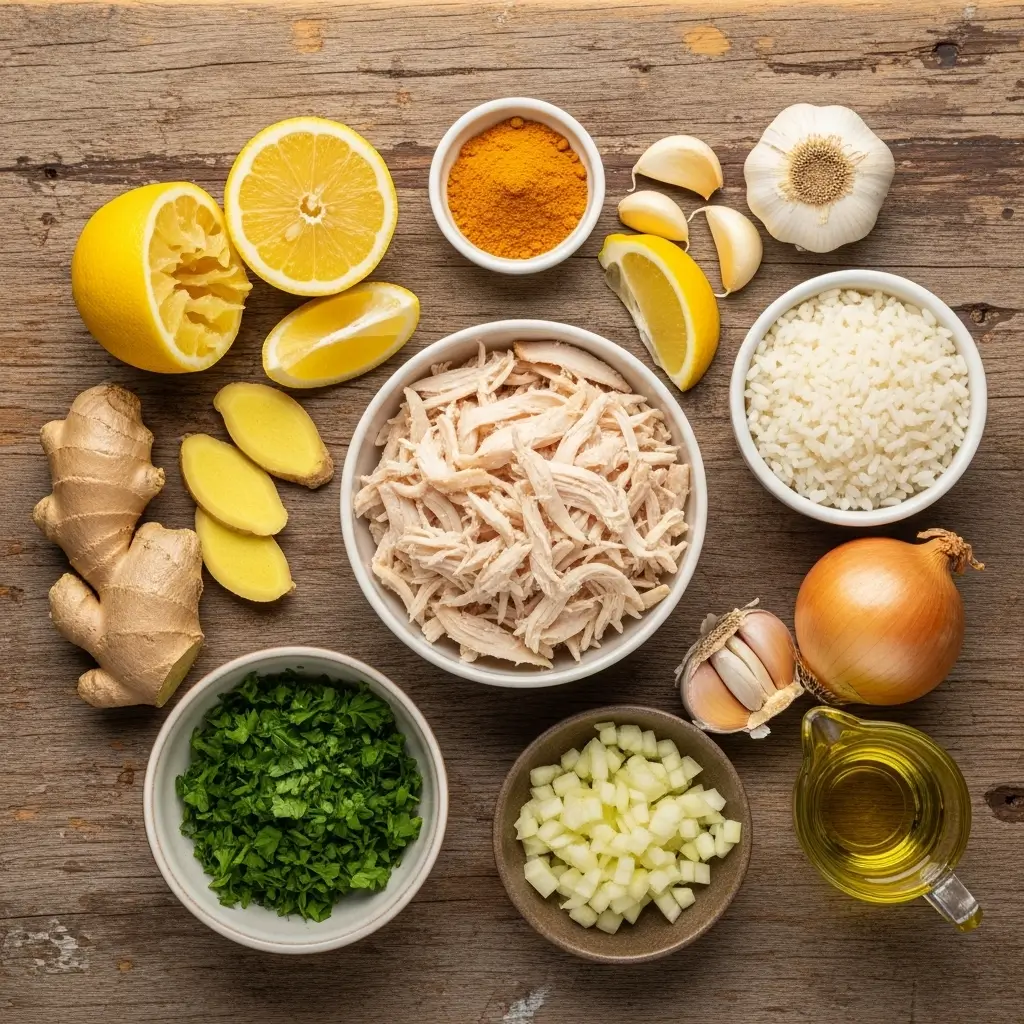 Ingredients for Homemade Lemon Ginger Turmeric Chicken and Rice Soup