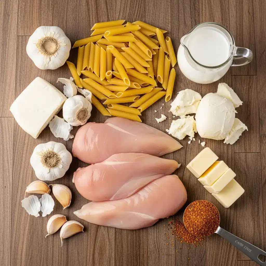 Ingredients for Seared Garlic Chicken Penne in Mozzarella Cajun Sauce