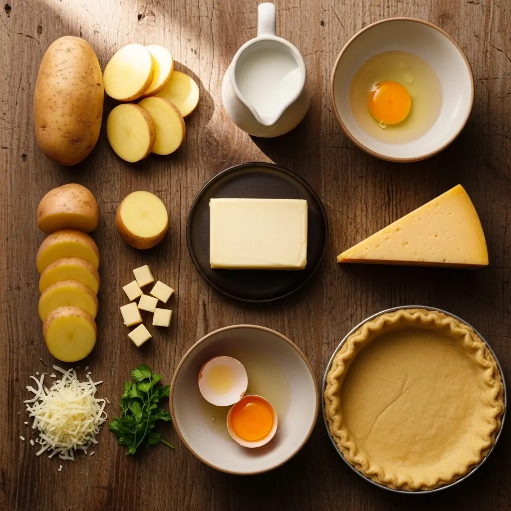 Irish Potato Pie ingredients on wooden table