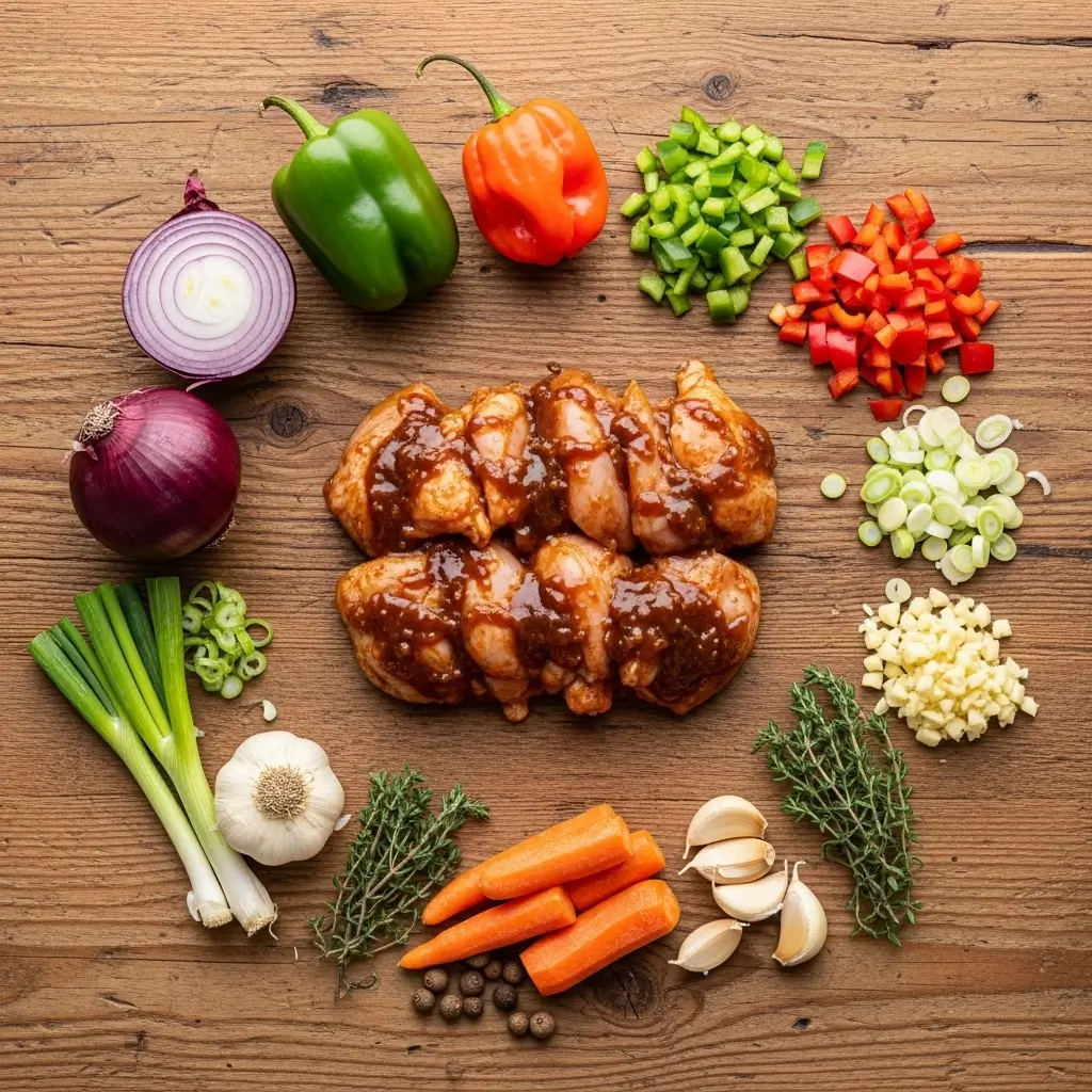 Jamaican Brown Stew Chicken ingredients on wooden board