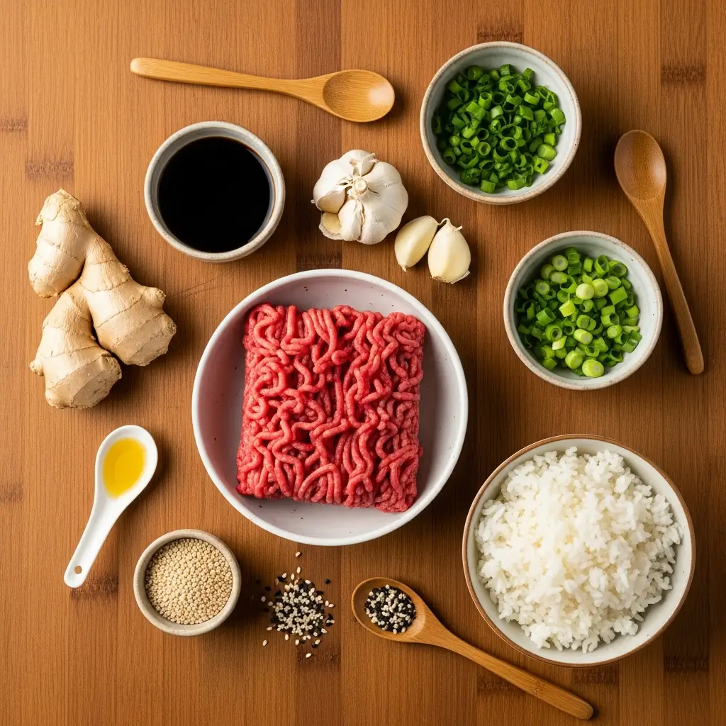 Korean Ground Beef Bowl ingredients on wooden table