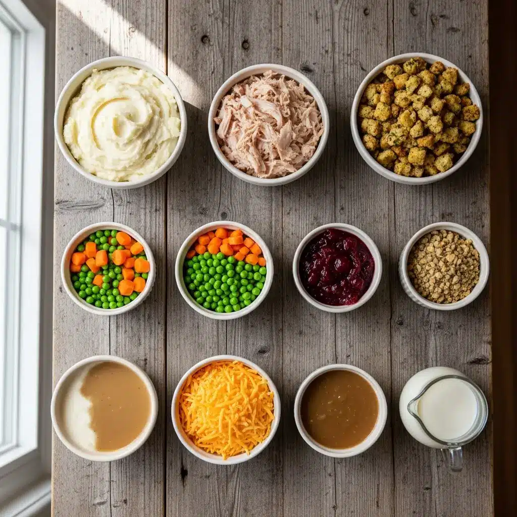 Ingredients for Leftover Thanksgiving Turkey Casserole neatly arranged