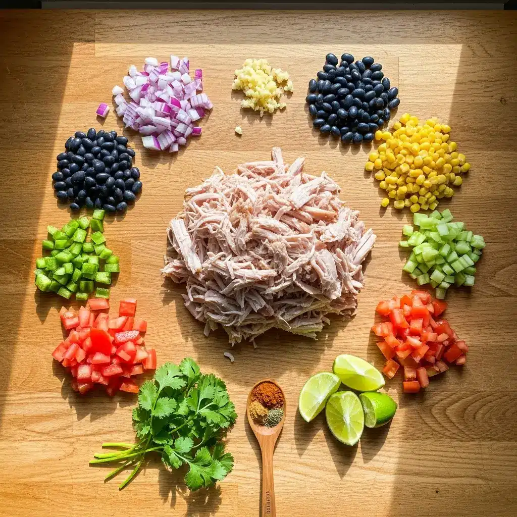 Leftover Turkey Tortilla Soup ingredients flat lay