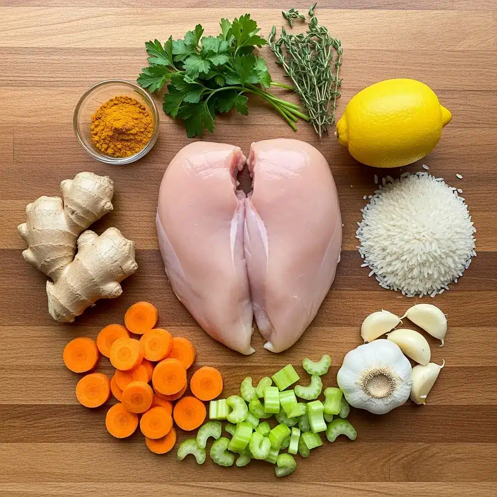 Ingredients for Easy Lemon Ginger Turmeric Chicken and Rice Soup