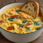 Marry Me Chicken Tortellini Soup in rustic bowl
