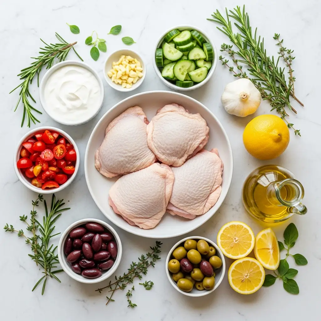 Mediterranean Chicken Bowls ingredients laid out on marble