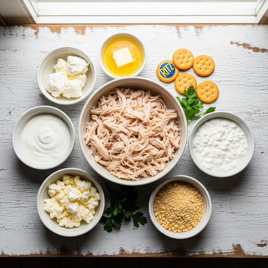 Million Dollar Chicken Casserole Ingredients Flat Lay