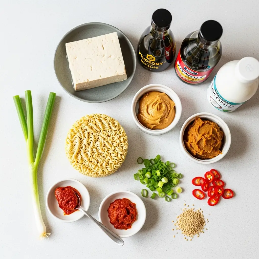 miso peanut ramen bowls ingredients flat lay