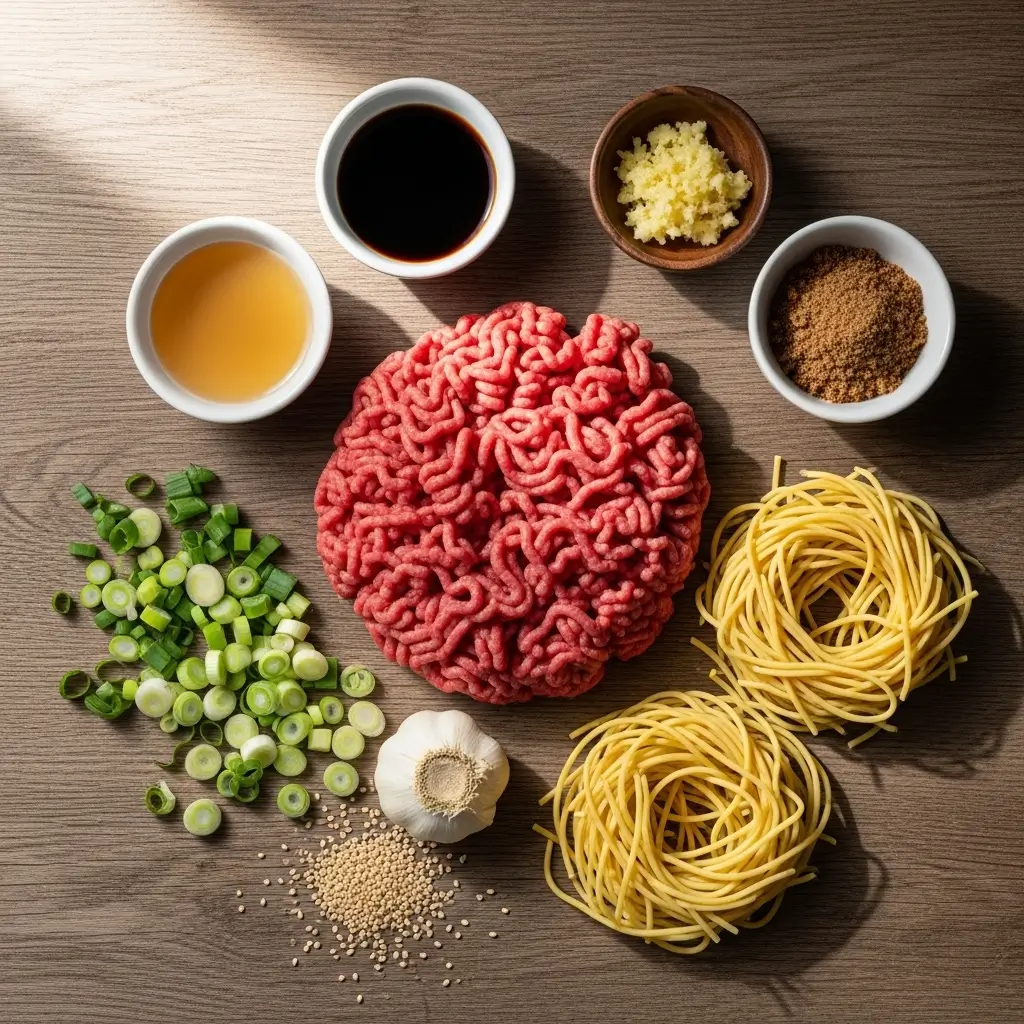 Mongolian Ground Beef Noodles ingredients flat lay