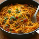 One-Pot Taco Spaghetti in skillet with melted cheese