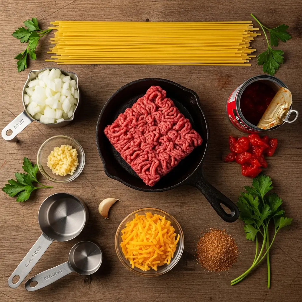 One-Pot Taco Spaghetti ingredients flat lay