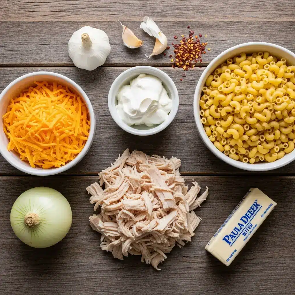 Paula Deen Amazing Chicken Casserole ingredients arranged flat lay