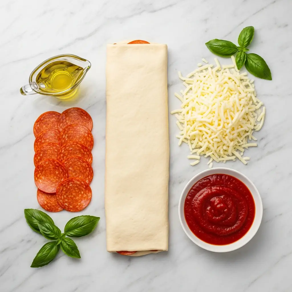 Pizza rolls ingredients on kitchen counter
