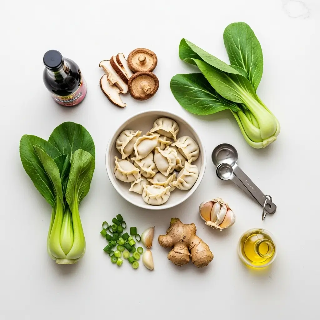 Savory Asian Potsticker Soup ingredients arranged on a kitchen counter