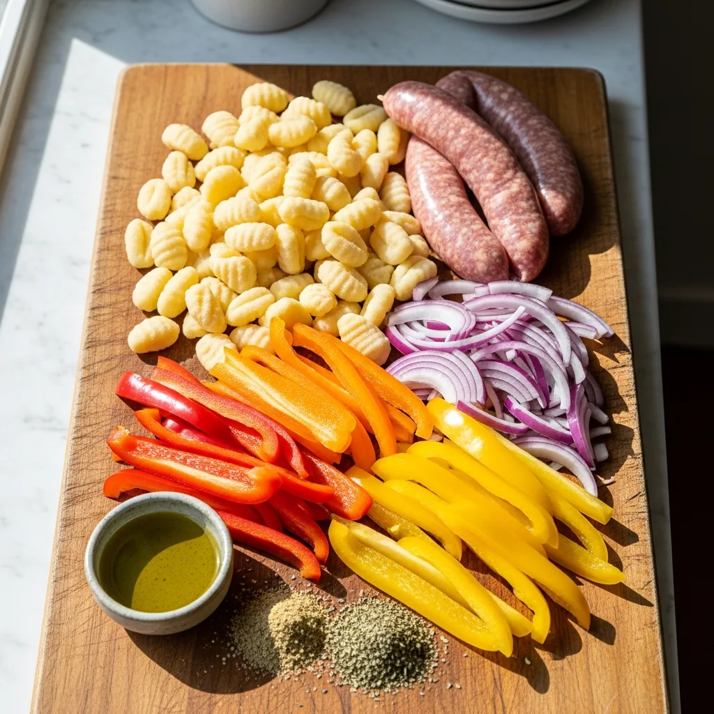 Sheet Pan Gnocchi Sausage ingredients on wooden board