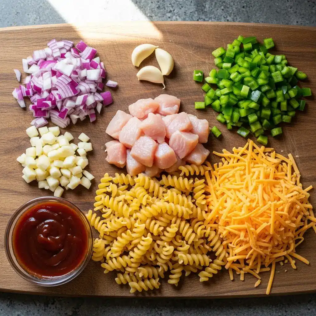 Ingredients for Smoky BBQ Cheddar Chicken Skillet Pasta