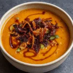 Spicy Miso Carrot Soup in rustic bowl