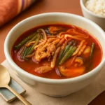 Spicy Soup with Leftover Turkey in bowl with scallions