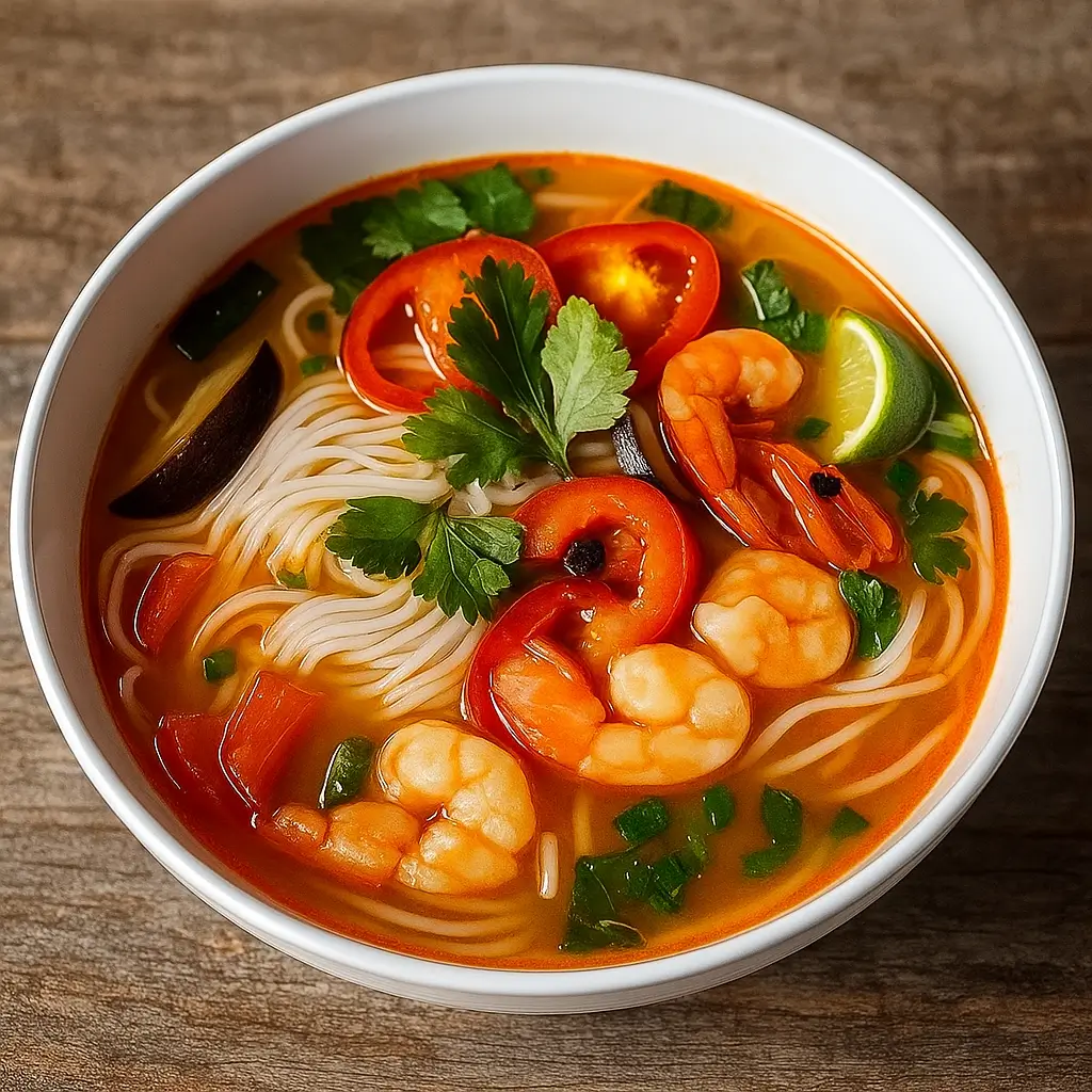 Spicy Tom Yum Noodles Soup with shrimp and lime