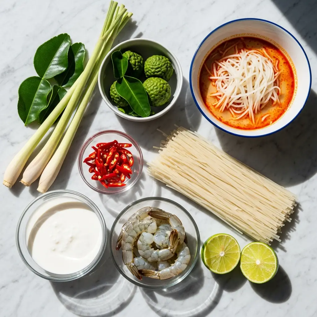 Spicy Tom Yum Noodles Soup ingredients display