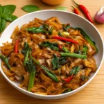 Street Style Thai Drunken Noodles in wok with basil and chilies