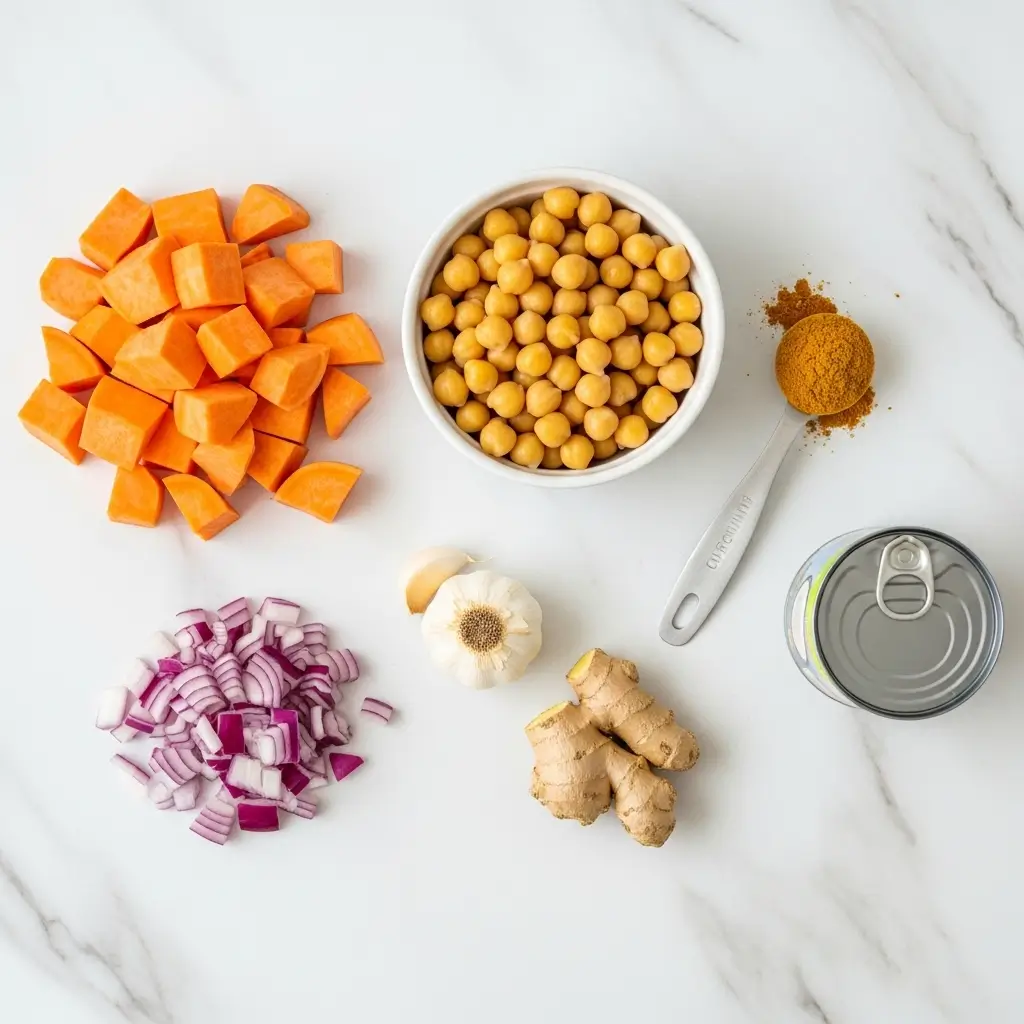 Sweet Potato and Chickpea Curry Ingredients Flat Lay
