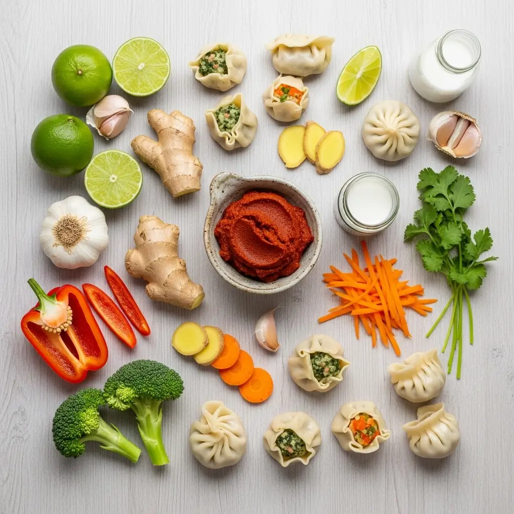 Thai Coconut Curry Dumpling Soup ingredients flat lay