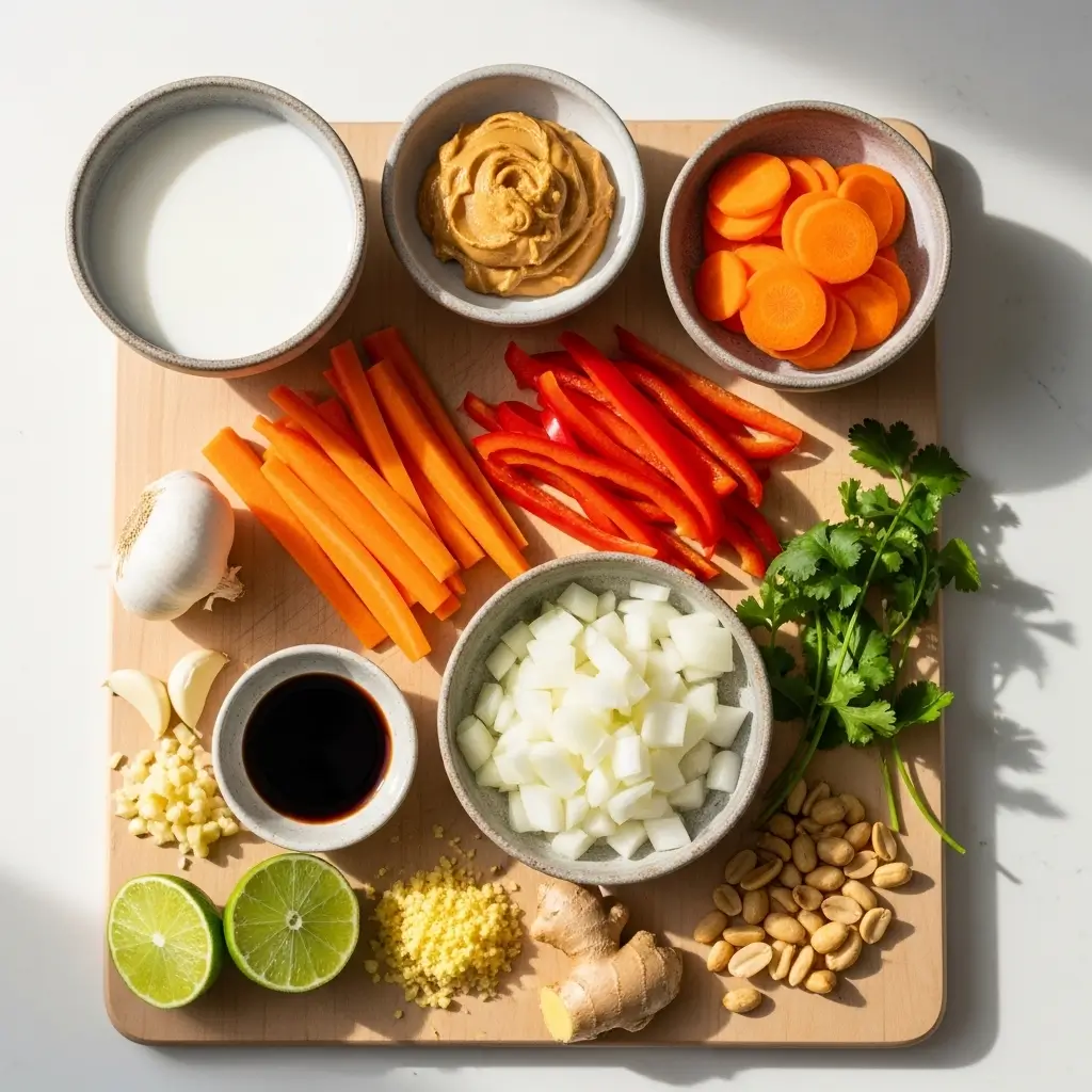 Thai Coconut Peanut Soup ingredients on kitchen counter